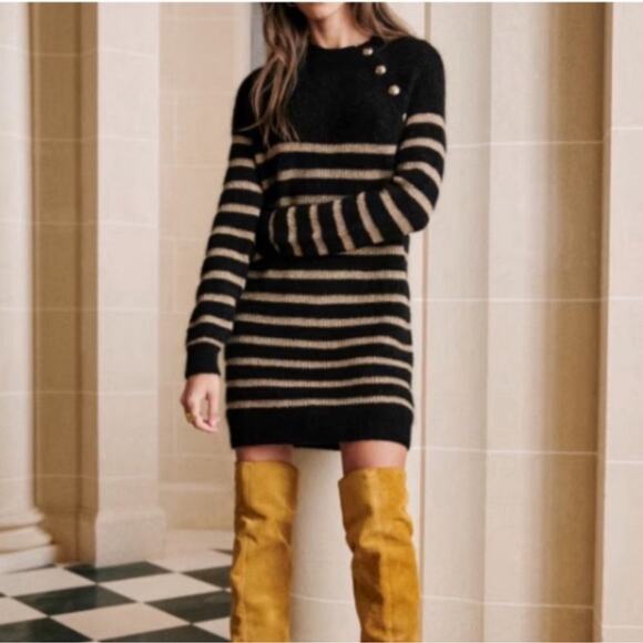 Sezane Sweater Dress Tessa Mini in Gold Black Striped - Picture 1 of 9